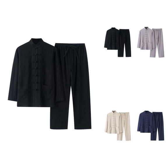 Men's Cotton Linen Set 2 Piece Long Sleeve Shirt & Casual Pants with Pockets Summer Beach Yoga Outfit