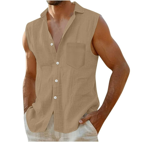 Men's Cotton Linen Set Sleeveless Button Down Shirts Summer Beach Shorts Casual Outfits