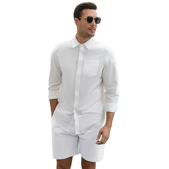 Men's Cotton Linen Sets 2 Piece Long Sleeve beach outfits Button Down Shirts and Shorts