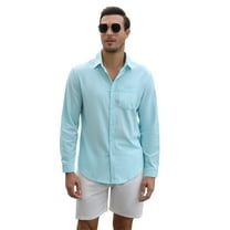 Men's Cotton Linen Sets 2 Piece Long Sleeve beach outfits Button Down Shirts and Shorts