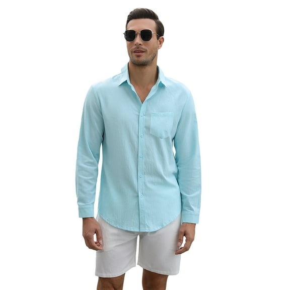 Men's Cotton Linen Sets 2 Piece Long Sleeve beach outfits Button Down Shirts and Shorts