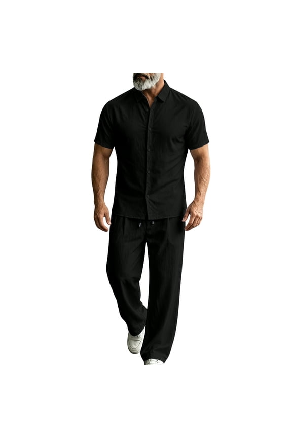 Men's Cotton Linen Sets 2 Piece Outfits Beach Wedding Clothes Loose Fit Casual Short Sleeve Button Down Shirts Yoga Pants Summer Matching Suit Black