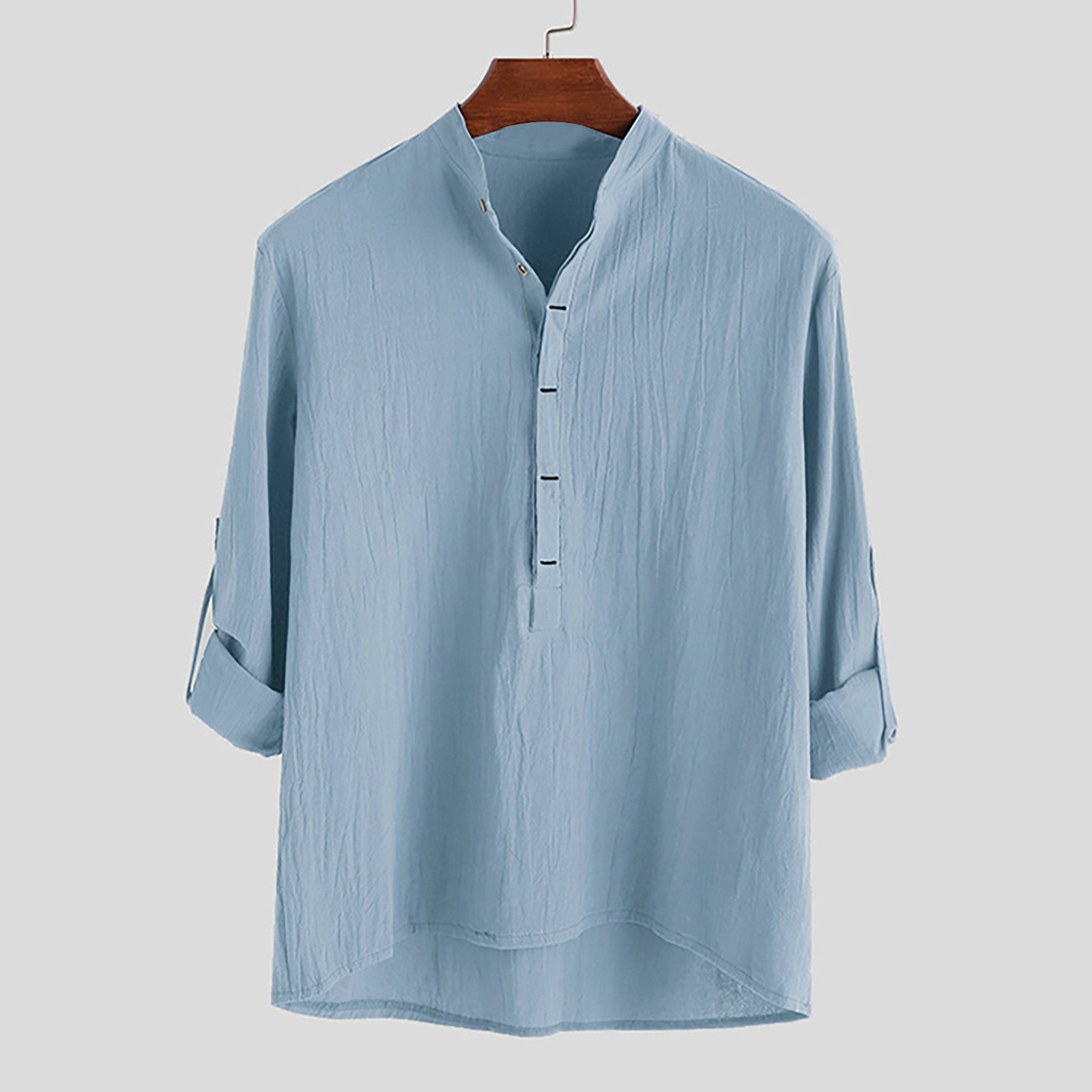 Men's Cotton Linen Shirt Long Sleeved Standing Collar Button Up Shirt