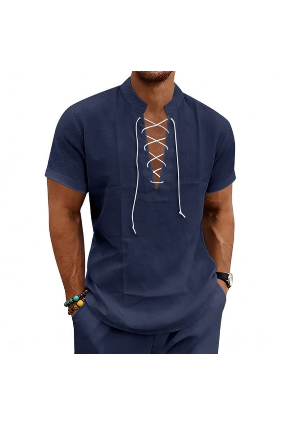 Men's Cotton Linen Shirt Short Sleeve Drawstring Lace up Arm Banded Tops Medieval Viking Pirate Renaissance Costume Navy