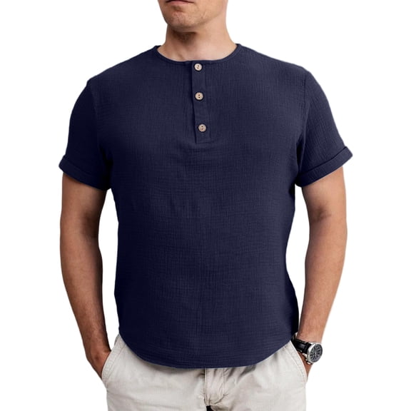 Men's Cotton Linen Shirt Short Sleeve Henley Shirts Hippie Beach T Shirts for Men Sizes S-4XL
