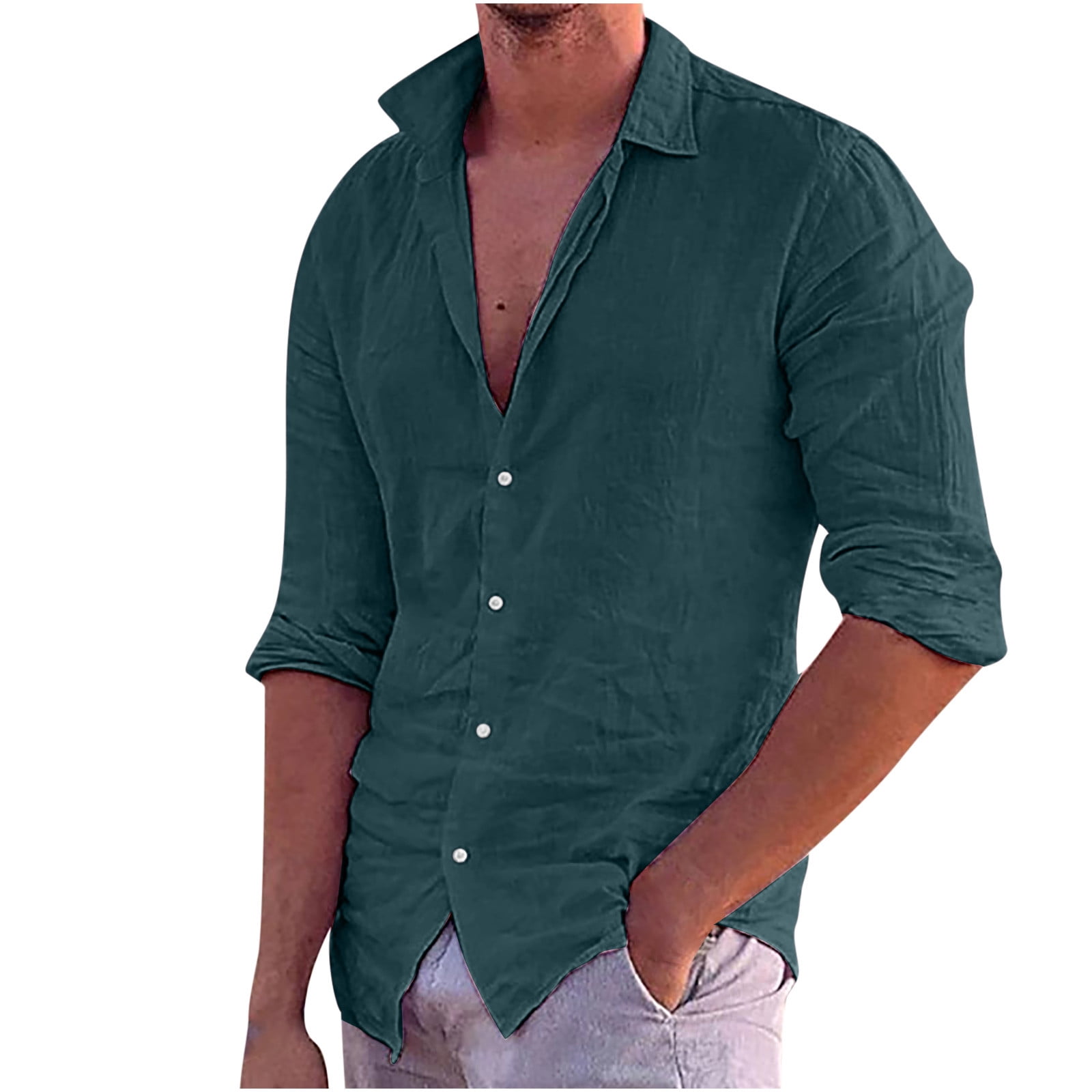 Mens Linen Long Sleeve Shirts Button Down Band Collar Casual