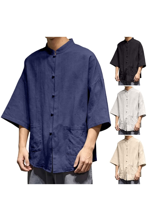 Men's Cotton Linen Shirt Tang Suit Shirt 3/4 Sleeve Traditional Kung Fu Uniform Chinese Frog Buttons Lightweight Jacket Summer Blue