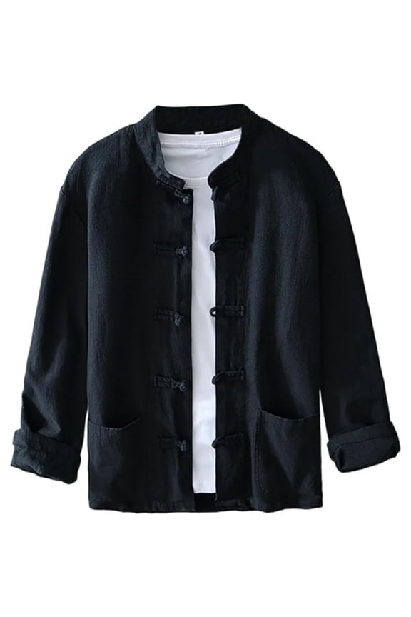 Men's Cotton Linen Shirt Traditional Chinese Tang Suit, Vintage Long Sleeve Frog Buttons Lightweight Jacket