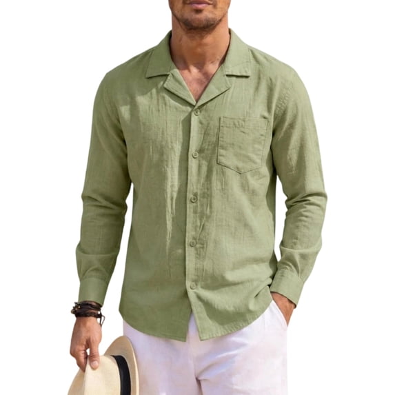 Men's Cotton Linen Shirts Casual Button Down Long Sleeve Shirt Solid Spread Collar Shirts with Chest Pocket 3XL