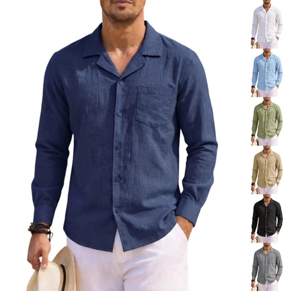 Men's Cotton Linen Shirts Casual Button Down Long Sleeve Shirt Solid Spread Collar Shirts with Chest Pocket M