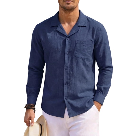 Men's Cotton Linen Shirts Casual Button Down Long Sleeve Shirt Solid Spread Collar Shirts with Chest Pocket XL