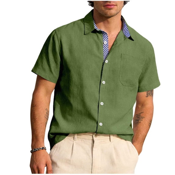 Men's Cotton Linen Shirts Casual Men Short Sleeve Button Down Beach Wedding Summer Shirts, Relaxed Fit, with Pocket Size 3XL Army Green