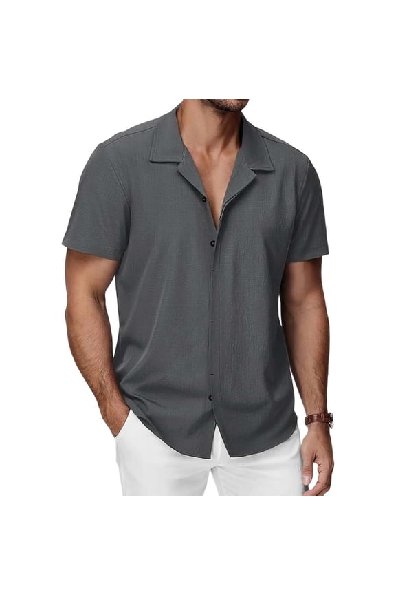 Men's Cotton Linen Shirts Casual Men Short Sleeve Untucked Button Down Beach Wedding Summer Shirts, Relaxed Fit Gray