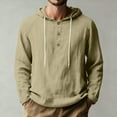 thumbnail image 1 of Men's Cotton Linen Shirts Long Sleeve Half Button Drawstring Hooded Cardigan Solid Color Summer Casual Beach Vacation Wear Khaki XL, 1 of 7