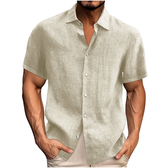 Men's Cotton Linen Short Sleeve Shirts Button Down Collared Solid Shirts Tops Summer Beach Casual Wedding Dress Shirts