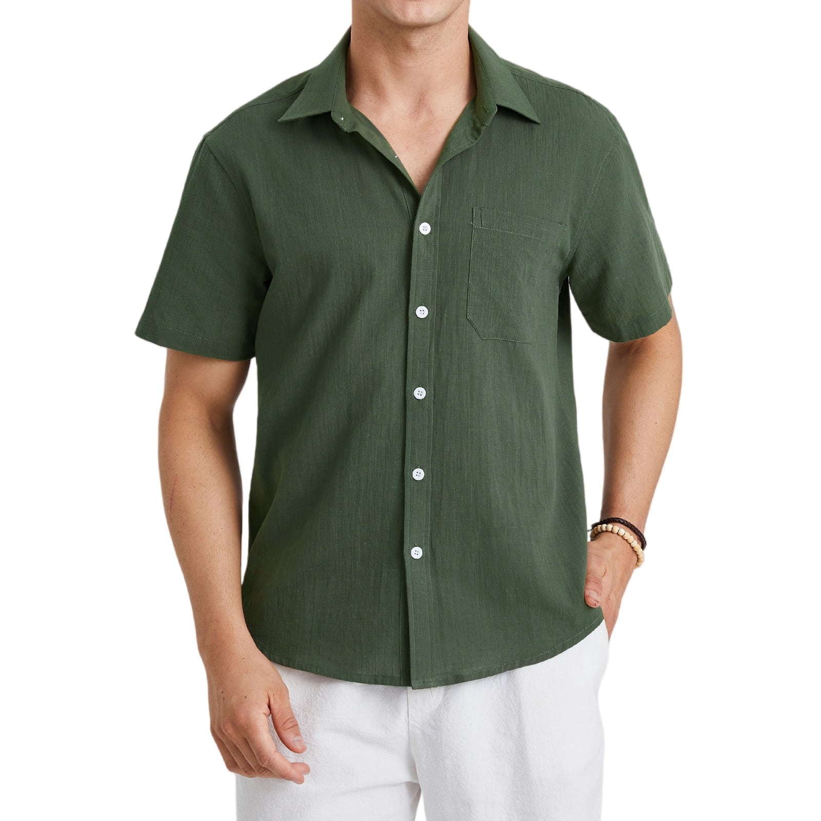 Men's Cotton Linen Short Sleeve Shirts Casual Button Down Shirts Summer ...
