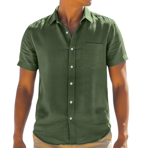 Men's Cotton Linen Short Sleeve Shirts Casual Button Down Shirts Summer Green Tops with Pocket XL