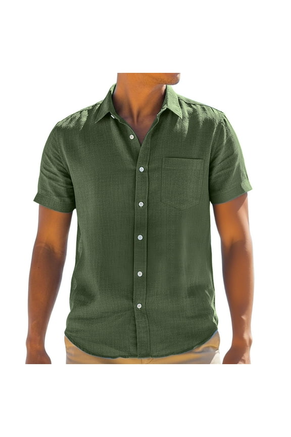 Men's Cotton Linen Short Sleeve Shirts Casual Button Down Shirts Summer Green Tops with Pocket XL