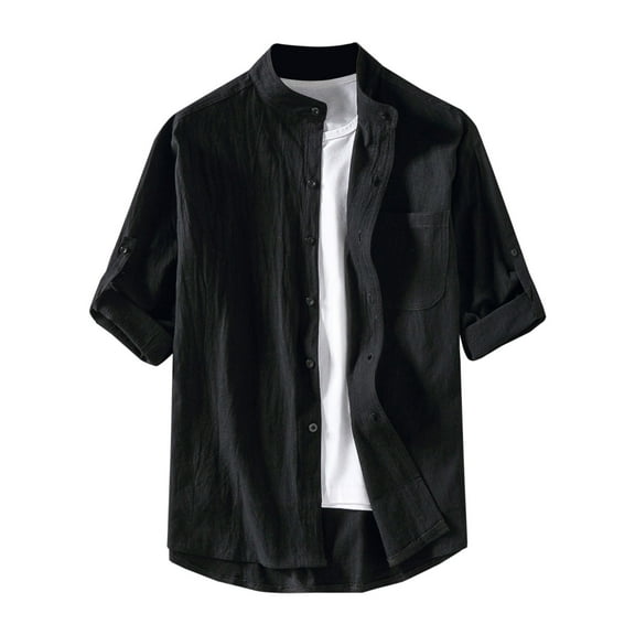 Men's Cotton Linen Short Sleeve Shirts Lightweight Button Down Shirts Vacation Beach Summer Dress Tops with Pocket