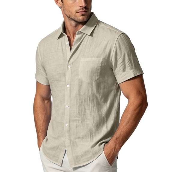 Men's Cotton Linen Short Sleeve Shirts Loose Casual Lightweight Button Down Shirt Beach Vacation Summer Tops with Pocket Size S-4XL Khaki