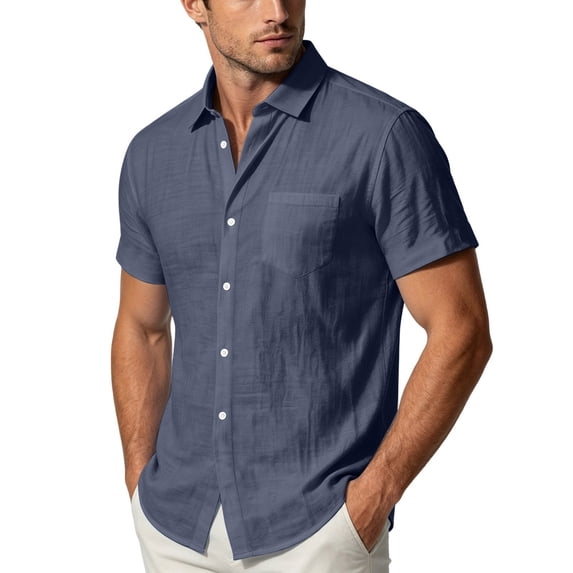 Men's Cotton Linen Short Sleeve Shirts Loose Casual Lightweight Button Down Shirt Beach Vacation Summer Tops with Pocket Size S-4XL Navy
