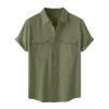 Men's Cotton Linen Short Sleeve Shirts with Pockets Casual Lightweight Button Down Shirt Fashion Trendy Blouses Stand Collar Blouse Tops Beach Vacation Summer Tops Army Green L
