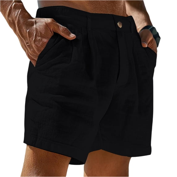 Men's Cotton Linen Shorts Casual Pleated Summer Vacation Beach Elastic Waist Shorts with Pockets Black L