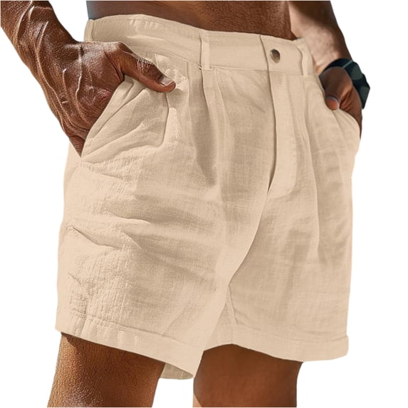 Men's Cotton Linen Shorts Casual Pleated Summer Vacation Beach Elastic Waist Shorts with Pockets Khaki 3XL