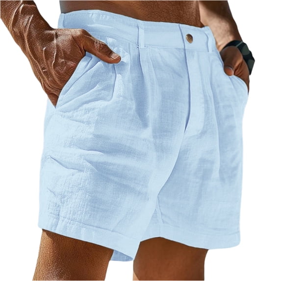 Men's Cotton Linen Shorts Casual Pleated Summer Vacation Beach Elastic Waist Shorts with Pockets Light Blue S