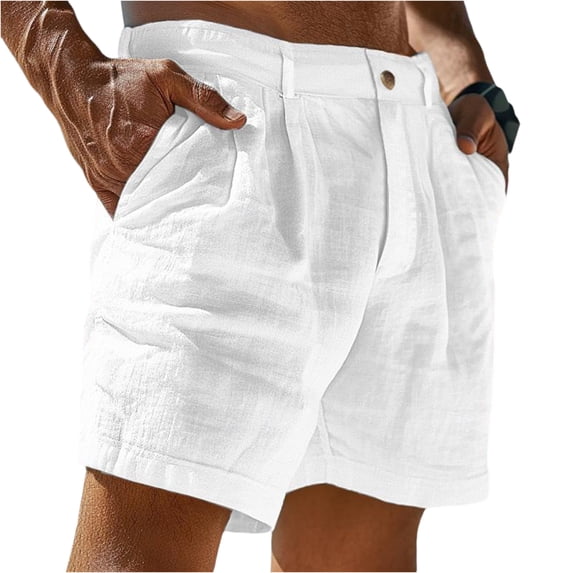 Men's Cotton Linen Shorts Casual Pleated Summer Vacation Beach Elastic Waist Shorts with Pockets White XL
