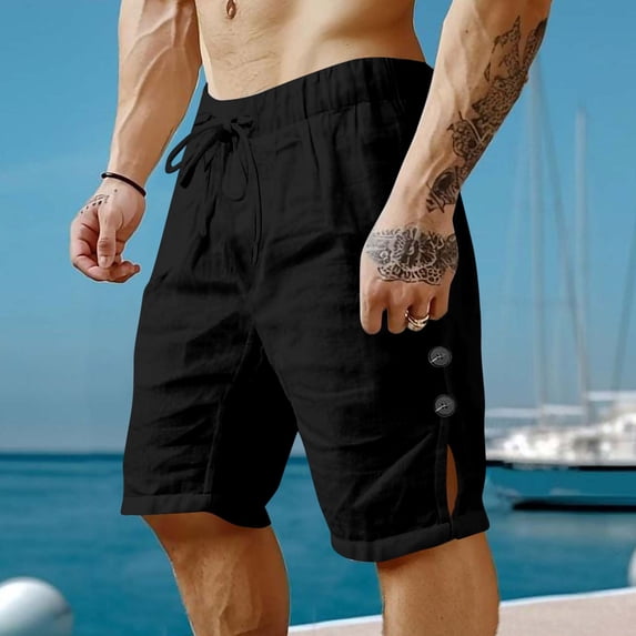 Men's Cotton Linen Shorts Loose Elastic Waist Drawstring Beach Short Mens Casual Solid Plus Size Relaxed Lightweight Breathable Summer Seaside Vacation Short Pants