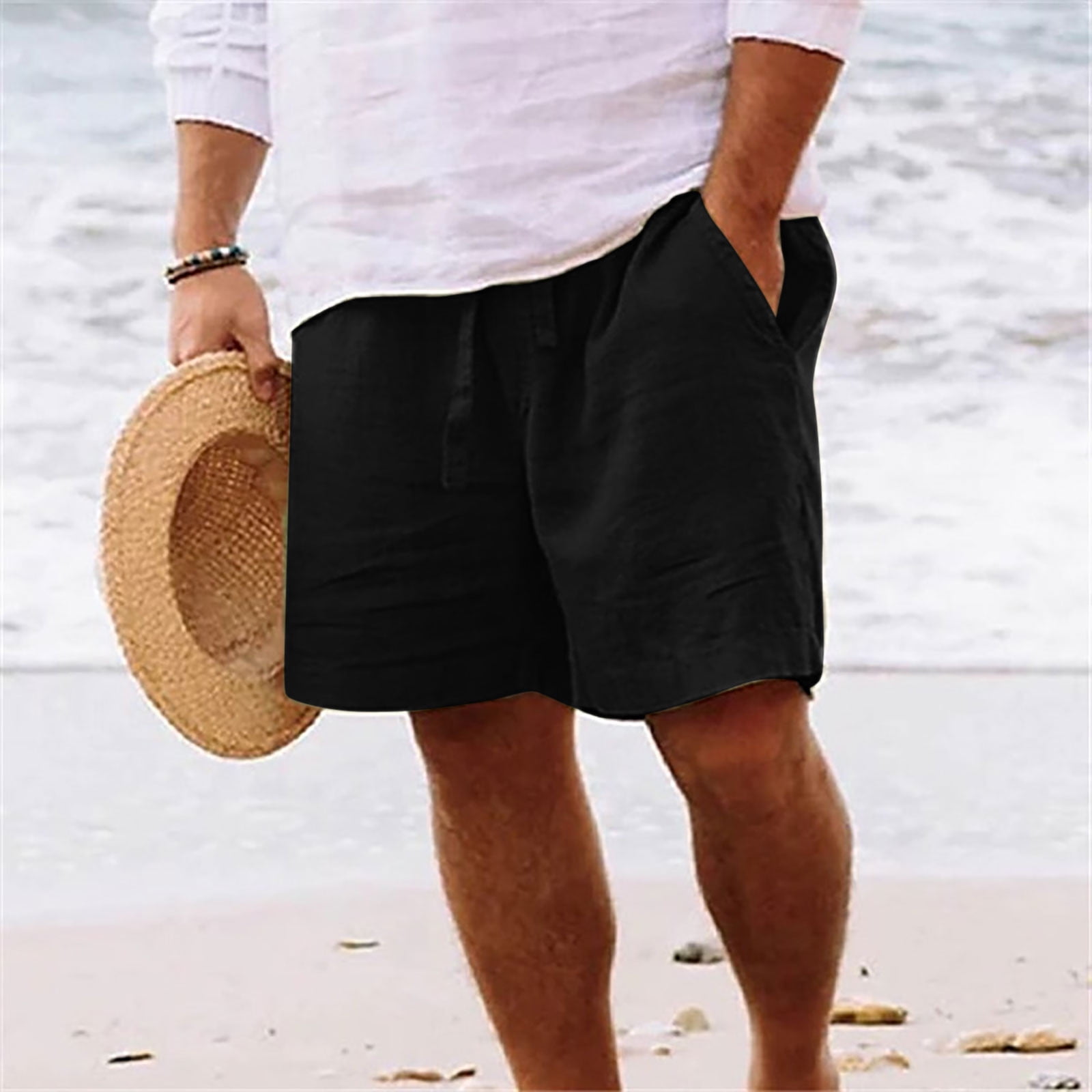 Men's Cotton Linen Shorts Summer Elastic Waist Drawstring Shorts Casual ...