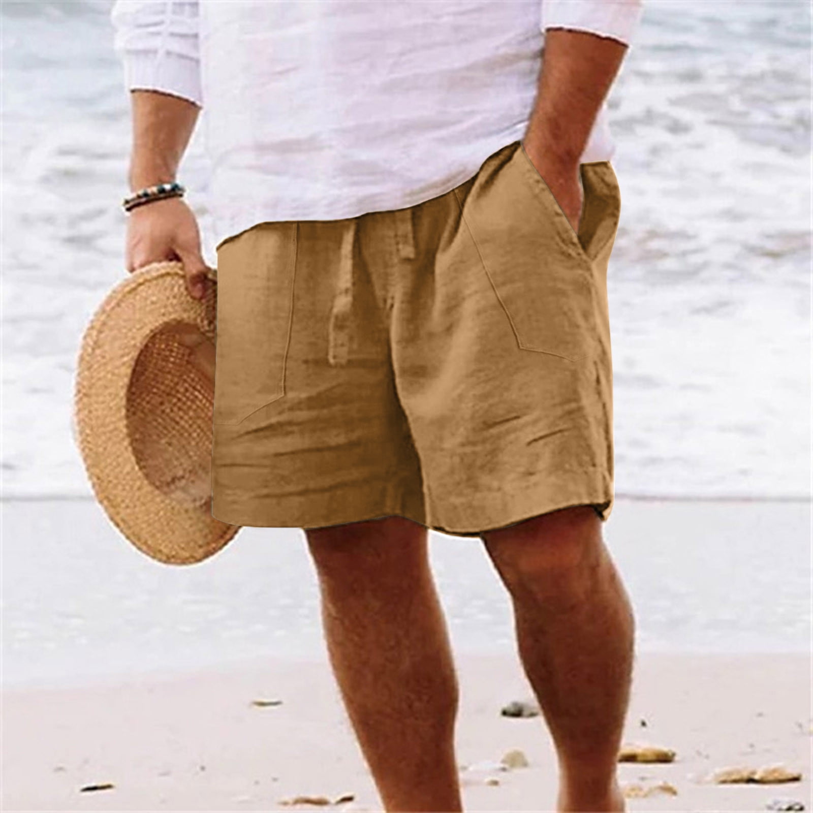 Men's Cotton Linen Shorts Summer Elastic Waist Drawstring Shorts Casual ...