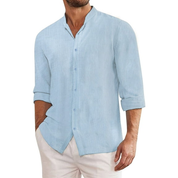 Men's Cotton Linen Sun Protection Shirts Lightweight Summer Button Down Long Sleeve Blouse Vacation Beach Shirts