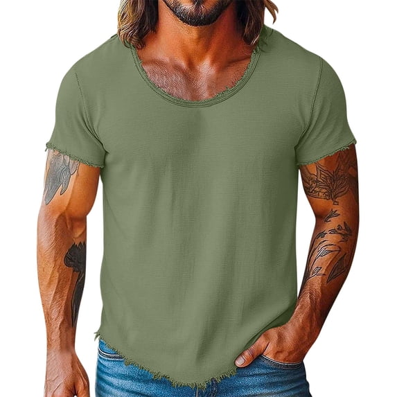 Men's Cotton Linen T-Shirt Short Sleeves Crew Neck Plain Fashion Basic Soft Raw Edge Vacation Beach Tee for Men Green