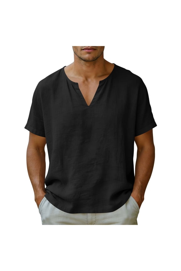 Men's Cotton Linen T-Shirt V Neck Casual Short Sleeve Hippie Beach Shirts Size 4XL Black