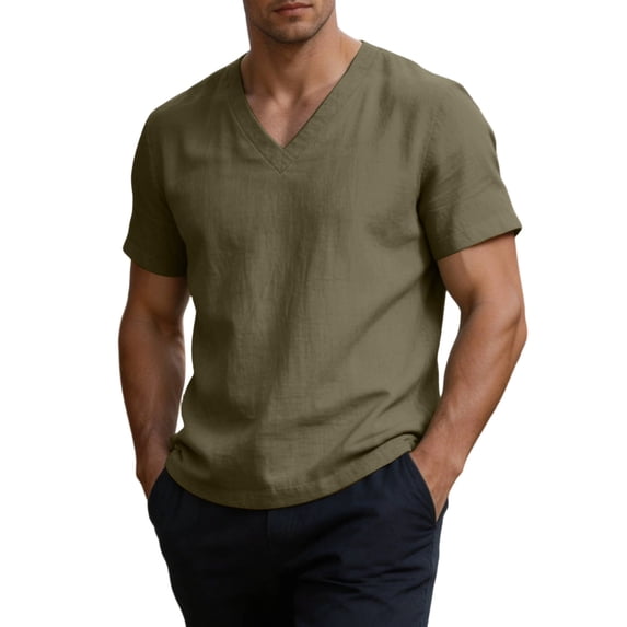 Men's Cotton Linen T-Shirts V Neck Premium Basic Short Sleeve Tees - Fitted Style, Ultra Soft, Comfort Tops Army Green