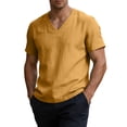 thumbnail image 1 of Men's Cotton Linen T-Shirts V Neck Premium Basic Short Sleeve Tees - Fitted Style, Ultra Soft, Comfort Tops Yellow, 1 of 8