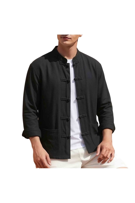 Men's Cotton Linen Tang Suit Shirt Long Sleeve Traditional Kung Fu Uniform Chinese Frog Buttons Lightweight Jacket Summer Top with Pocket Big and Tall Size M-5XL Black