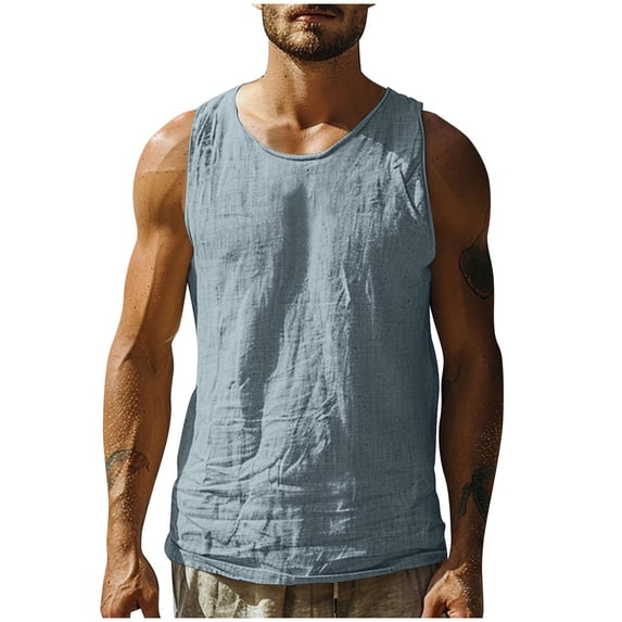 Men's Cotton Linen Tank Top UPF 50+ Sun Protection Beach Summer Swim Shirts Breathable Workout Gym Running Athletic Sleeveless Shirts Big and Tall Size M-4XL Light Blue