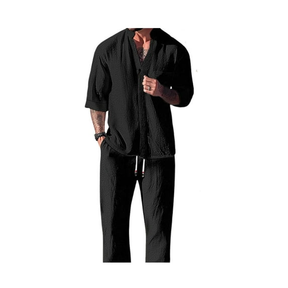 Men's Cotton Linen Top Pants Two-Piece Set,Men’s Casual V-neck Short Sleeve Button Down Shirt And Pants Sets