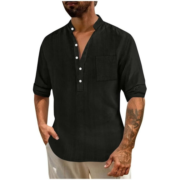 Men's Cotton Linen Tops Long Sleeve Half Button Up Shirt Lightweight Casual Beach Travel Tees Solid Color Tshirts (2XL, Black)