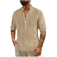 thumbnail image 1 of Men's Cotton Linen Tops Long Sleeve Half Button Up Shirt Lightweight Casual Beach Travel Tees Solid Color Tshirts (2XL, Khaki), 1 of 7