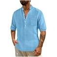 thumbnail image 1 of Men's Cotton Linen Tops Long Sleeve Half Button Up Shirt Lightweight Casual Beach Travel Tees Solid Color Tshirts (L, Sky Blue), 1 of 7