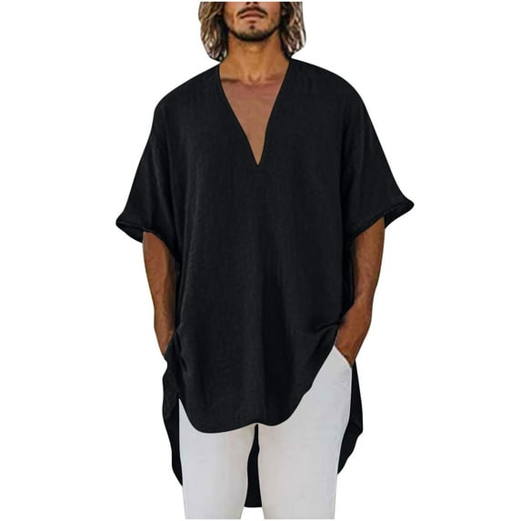 Men's Cotton Linen V-Neck Shirt – Lightweight Short Sleeve Beach Top with Rolled Cuffs & Swing Hem, Loose Fit Summer Blouse in Solid Colors