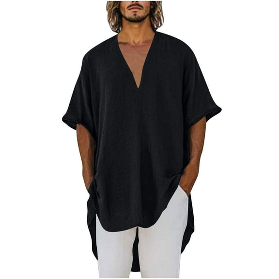 Men's Cotton Linen V-Neck Shirt – Lightweight Short Sleeve Beach Top with Rolled Cuffs & Swing Hem, Loose Fit Summer Blouse in Solid Colors
