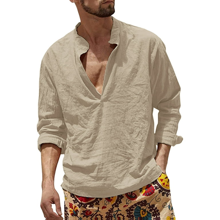 Men's Cotton Linen V Neck Shirt Long Sleeve Hippie Casual Beach T Shirts 