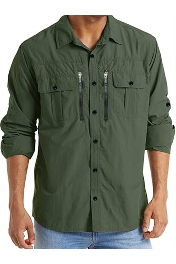 Men's Cotton Long Sleeve Work Shirt Casual Outdoor Cargo Shirt 119