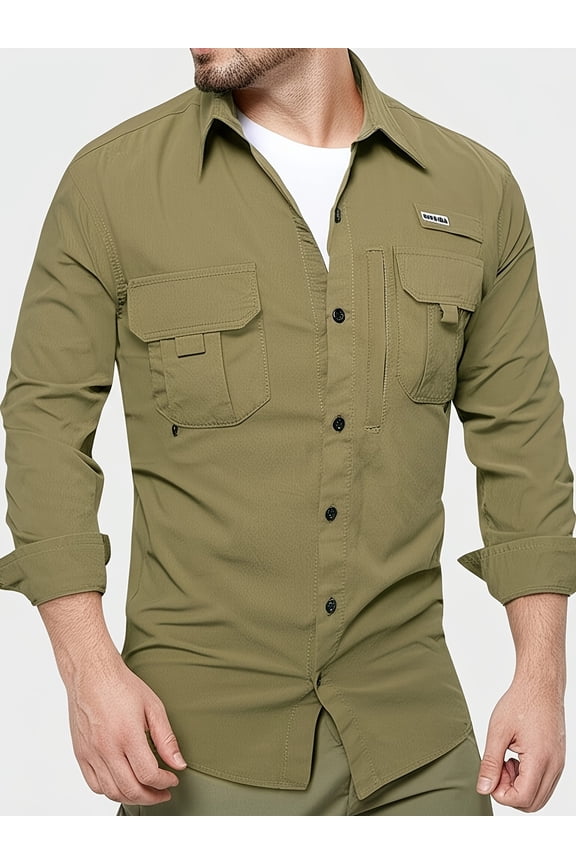 Men's Cotton Long Sleeve Work Shirt Casual Outdoor Cargo Shirt