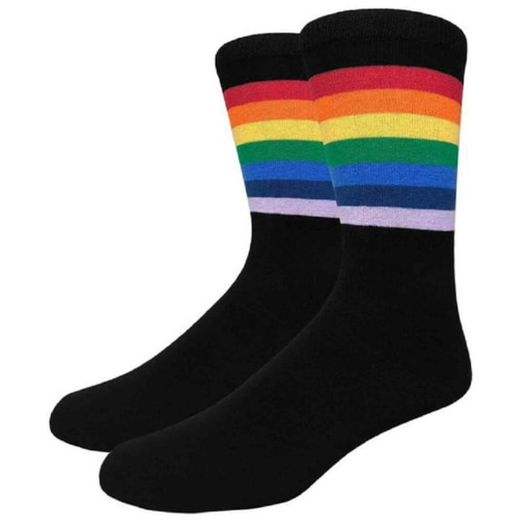 Men's Cotton Luxury Colorful Striped Casual Crew Dress Socks, Black / Rainbow, Size 8 to 13